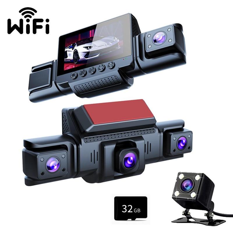 PASLDA 4-Channel Dash Cam, 1080P, Night Vision, WiFi, GPS, 3" IPS Screen, 32GB Card