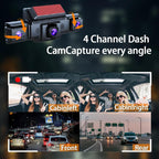 PASLDA 4-Channel Dash Cam, 1080P, Night Vision, WiFi, GPS, 3" IPS Screen, 32GB Card