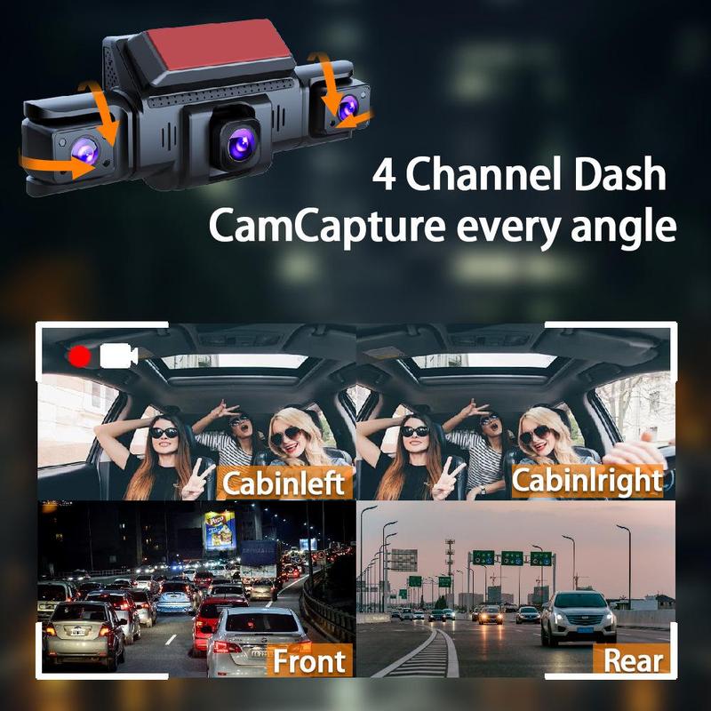 PASLDA 4-Channel Dash Cam, 1080P, Night Vision, WiFi, GPS, 3" IPS Screen, 32GB Card
