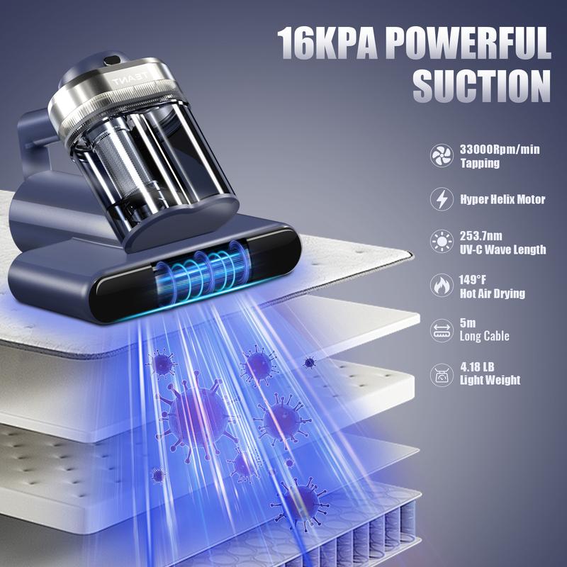 Mattress Vacuum Cleaner with UV-C & Hot Air, 16KPa Powerful Suction, HEPA Filter for Bed & Sofa