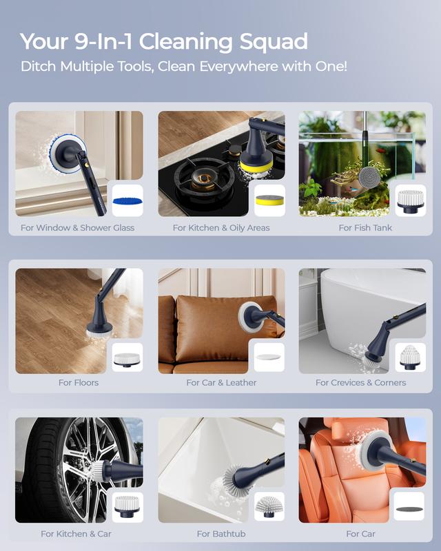 MayKing Cordless Electric Spin Scrubber – 9 Brushes, Adjustable Length, 3-Speed Power Cleaner