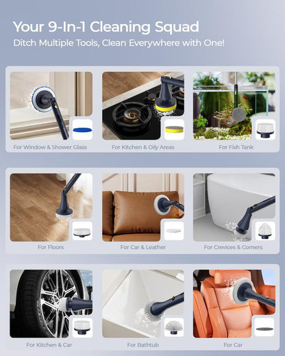 MayKing Cordless Electric Spin Scrubber – 9 Brushes, Adjustable Length, 3-Speed Power Cleaner