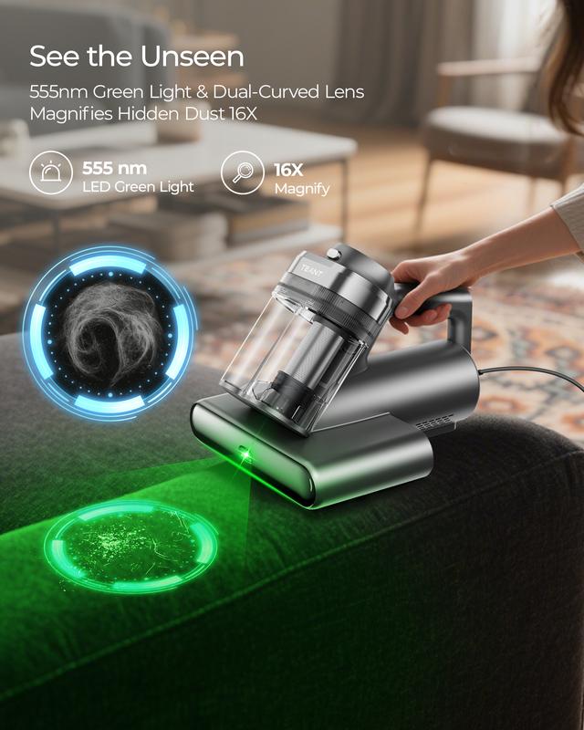 Teant Powerful Mattress Vacuum Cleaner, 18kPa Strong Suction, UV-C Light, Green Dust Detection, Heat & HEPA Filter